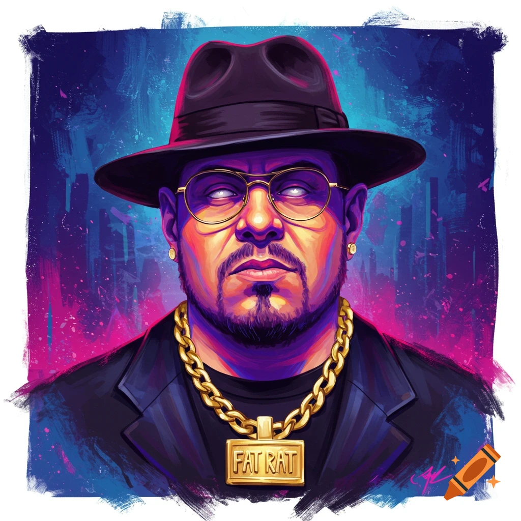A man wears a hat, glasses, and a gold chain with a 'FAT RAT' pendant, set against a vibrant urban background.