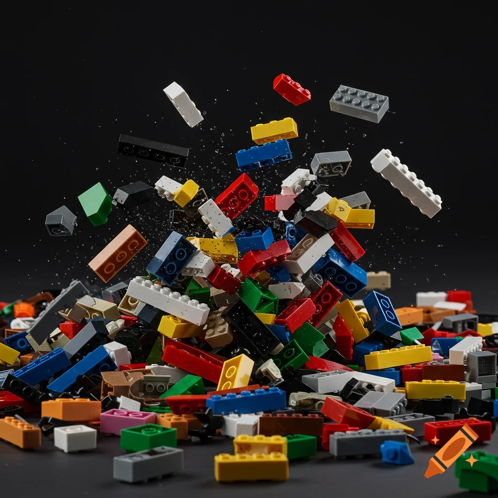 A pile of colorful LEGO bricks scattering and falling on a dark background.