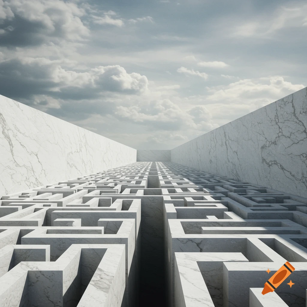 A giant maze with tall white walls under a cloudy sky.