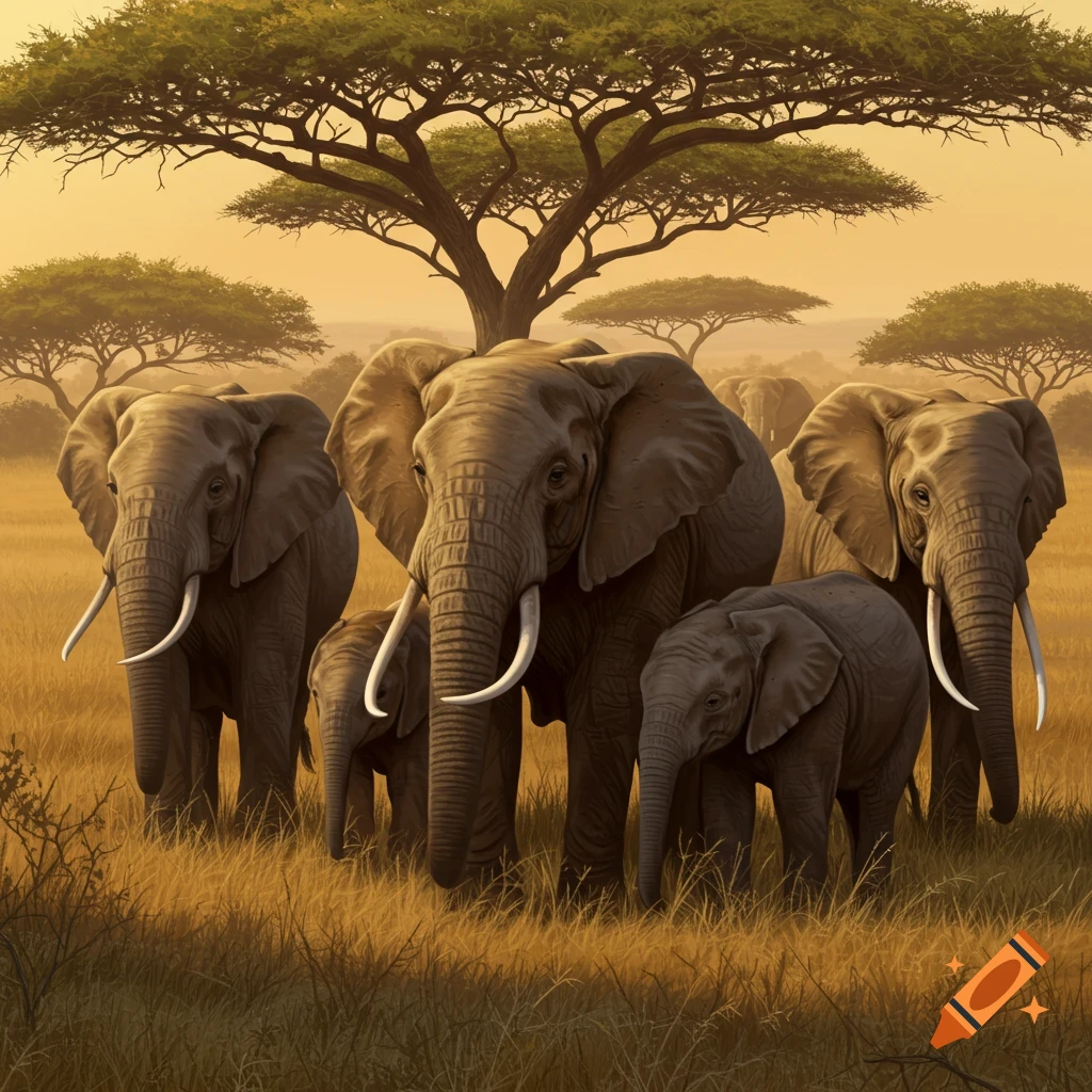 A herd of elephants standing in tall grass in a savanna with acacia trees.