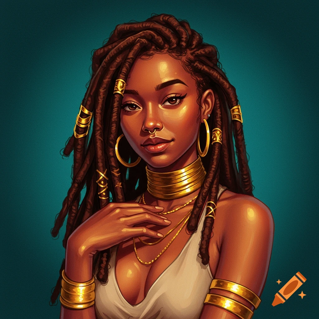 A young Black woman with dreadlocks and gold jewelry.