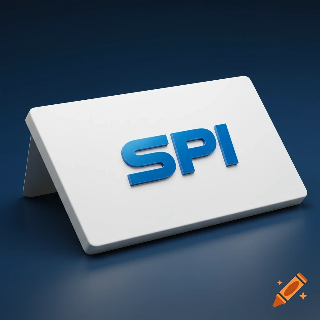 Blue 3D letters 'SPI' on a white desktop stand against a blue background.