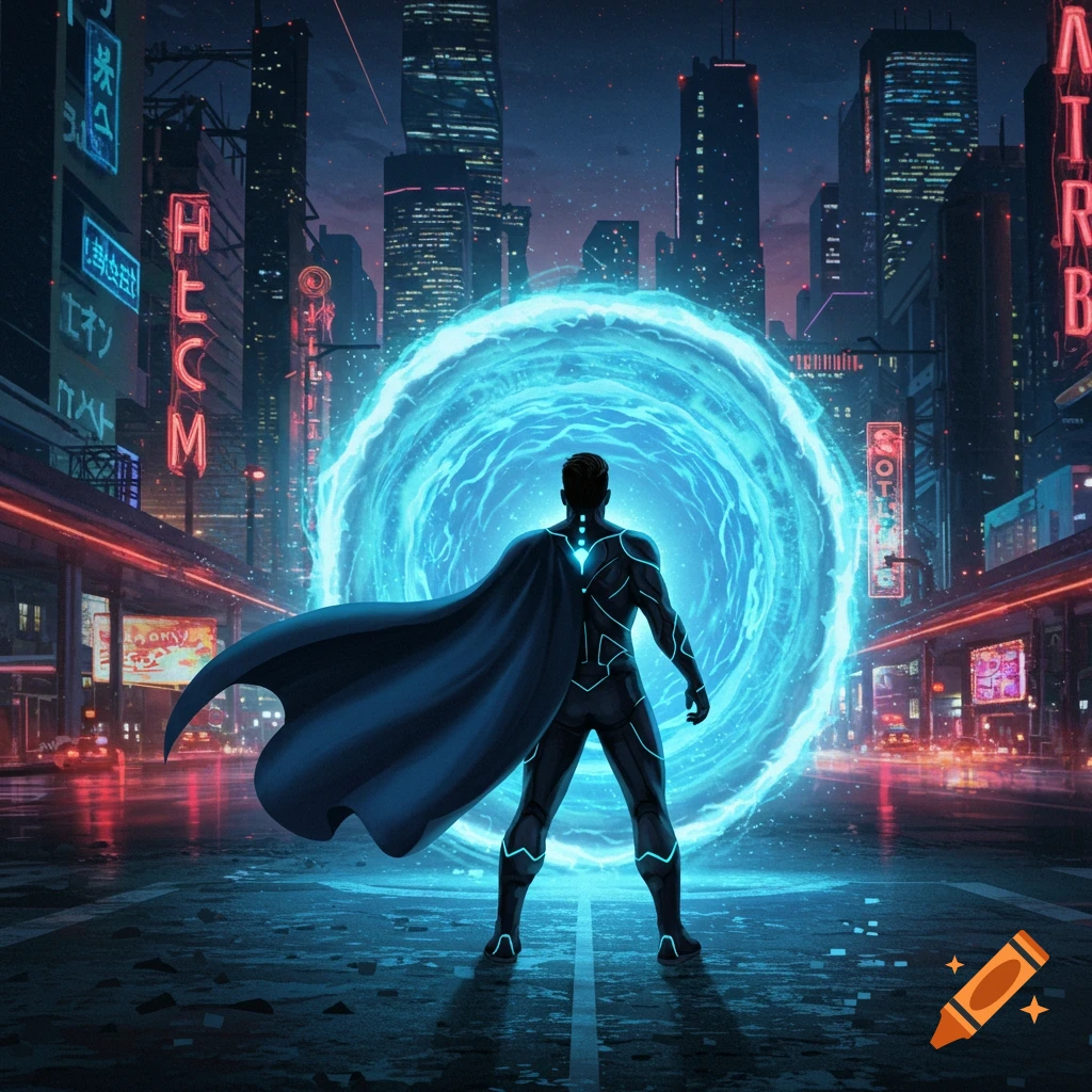 A superhero stands in a dark cyberpunk city street before a large, glowing blue portal.