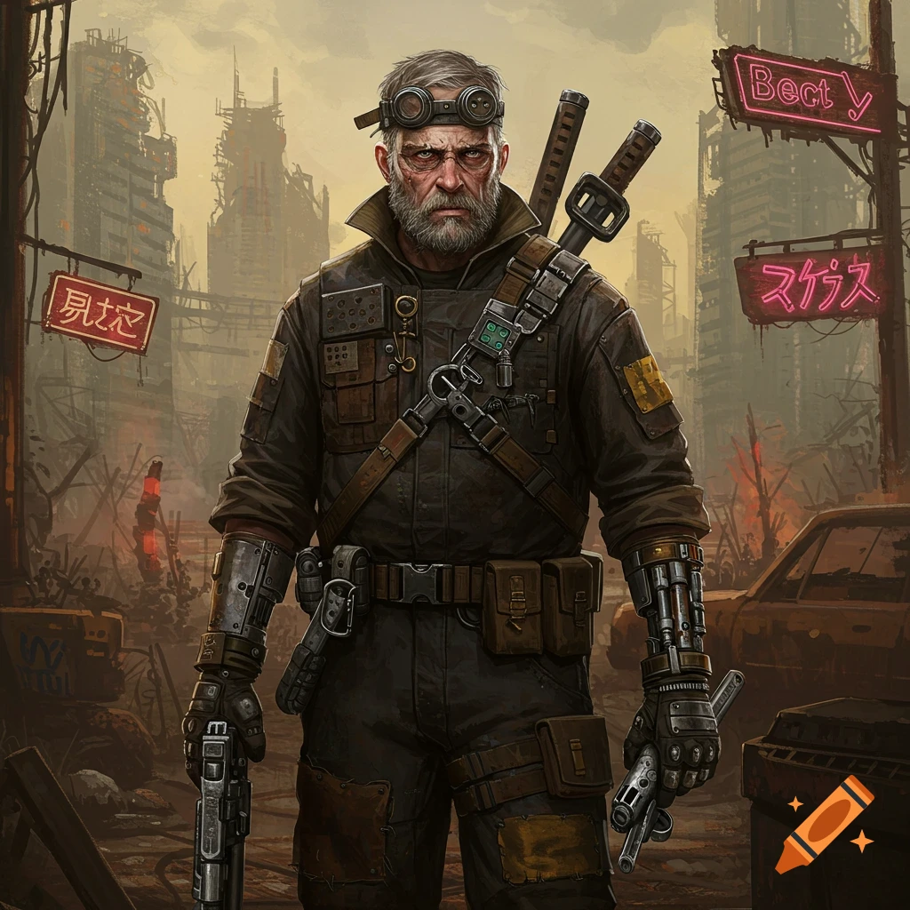 A post-apocalyptic engineer stands in a ruined city, holding pistols and swords.