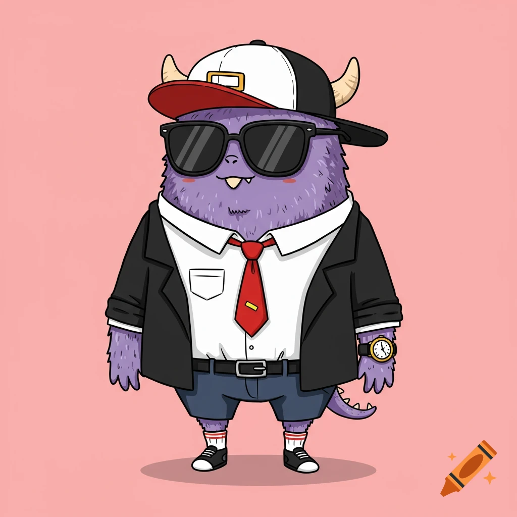A cute purple monster character in a suit jacket, tie, shorts, sunglasses, and baseball cap. Cartoon illustration.