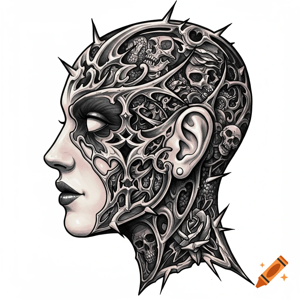 Gothic head profile with skull and spike ornamentation in a tattoo sketch style.