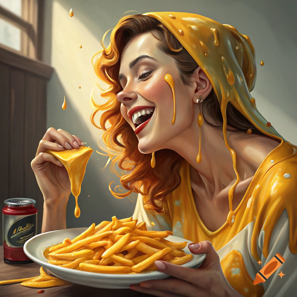 Woman covered in cheese sauce eating french fries