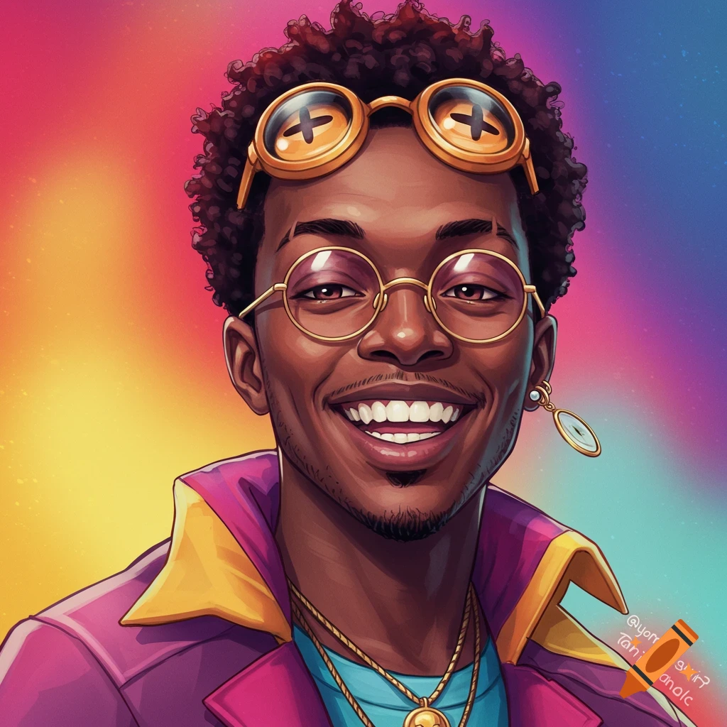 A colorful portrait of a smiling man wearing glasses and a bright jacket against a rainbow background.