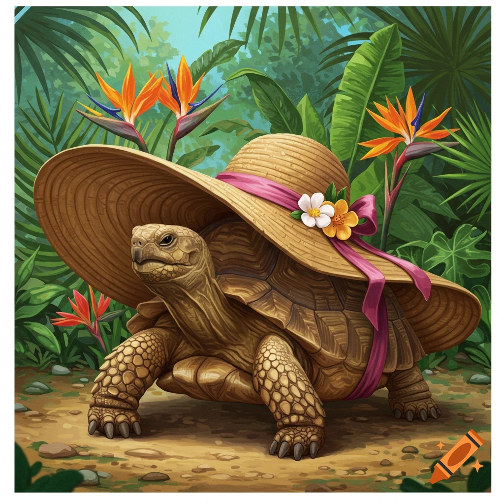 A tortoise wearing a large sun hat in a tropical jungle.