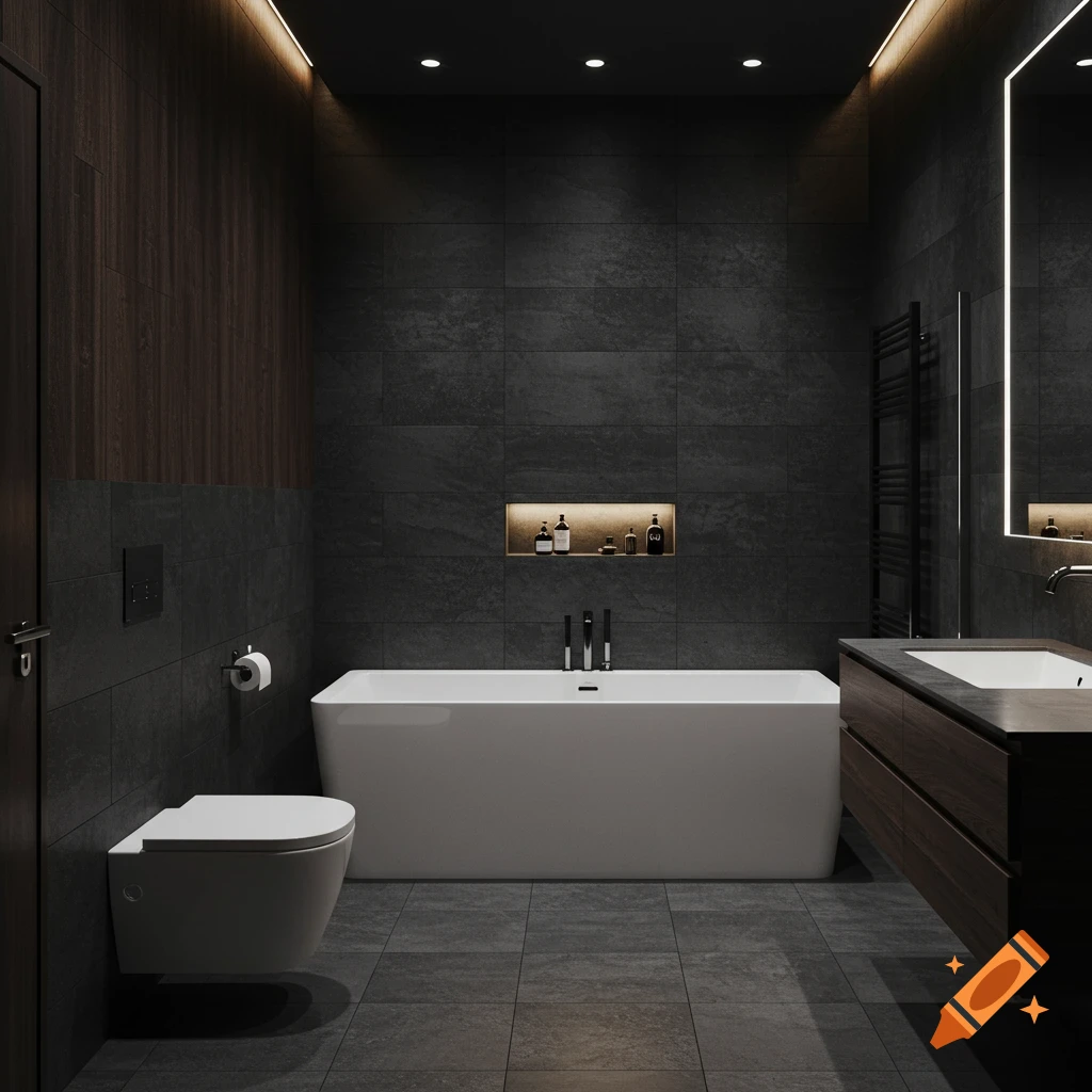 Modern dark bathroom with white tub and toilet, dark tiles, and wood vanity.