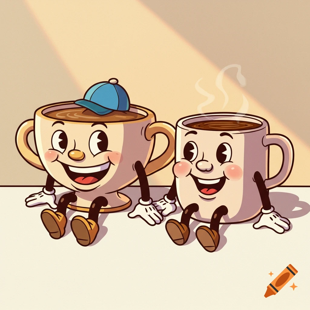 Two smiling cartoon coffee cups sitting side-by-side, one wearing a blue hat.