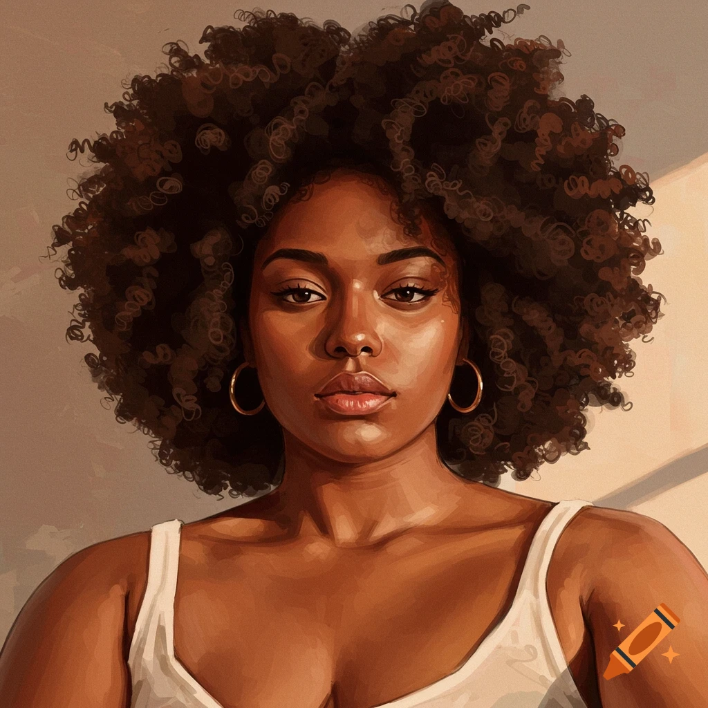 A woman with natural hair wearing a white top is lit from the side.