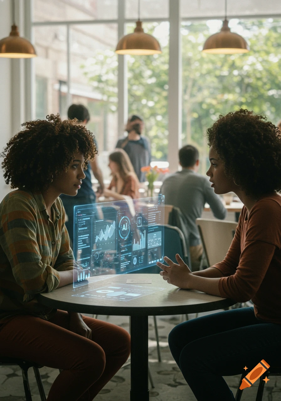 Two women interacting with a futuristic holographic AI display at a coffee shop