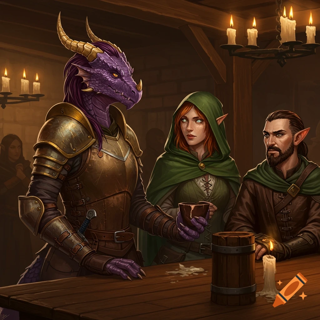 A dragonborn in armor, a female elf, and a male elf stand at a table in a dimly lit fantasy tavern.