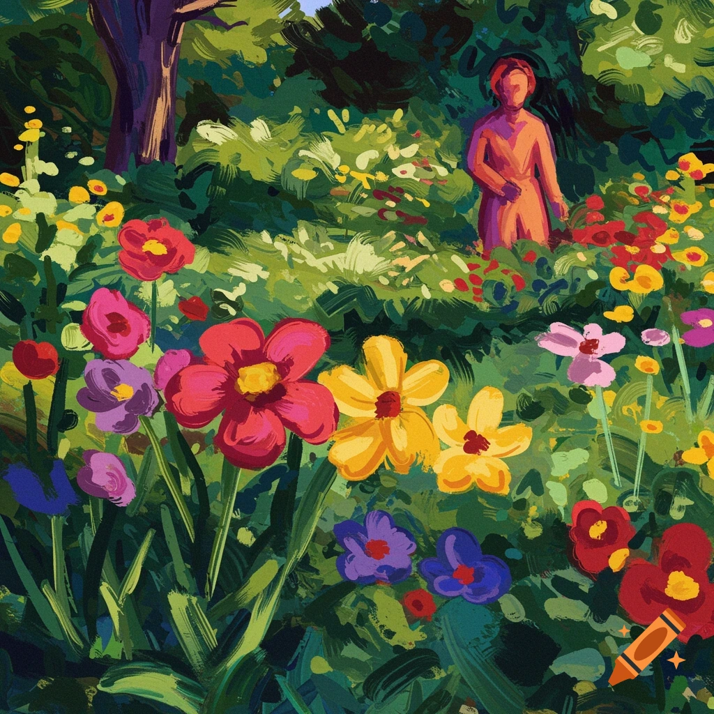 A vibrant Fauvist painting of a person standing in a lush garden filled with colorful flowers.