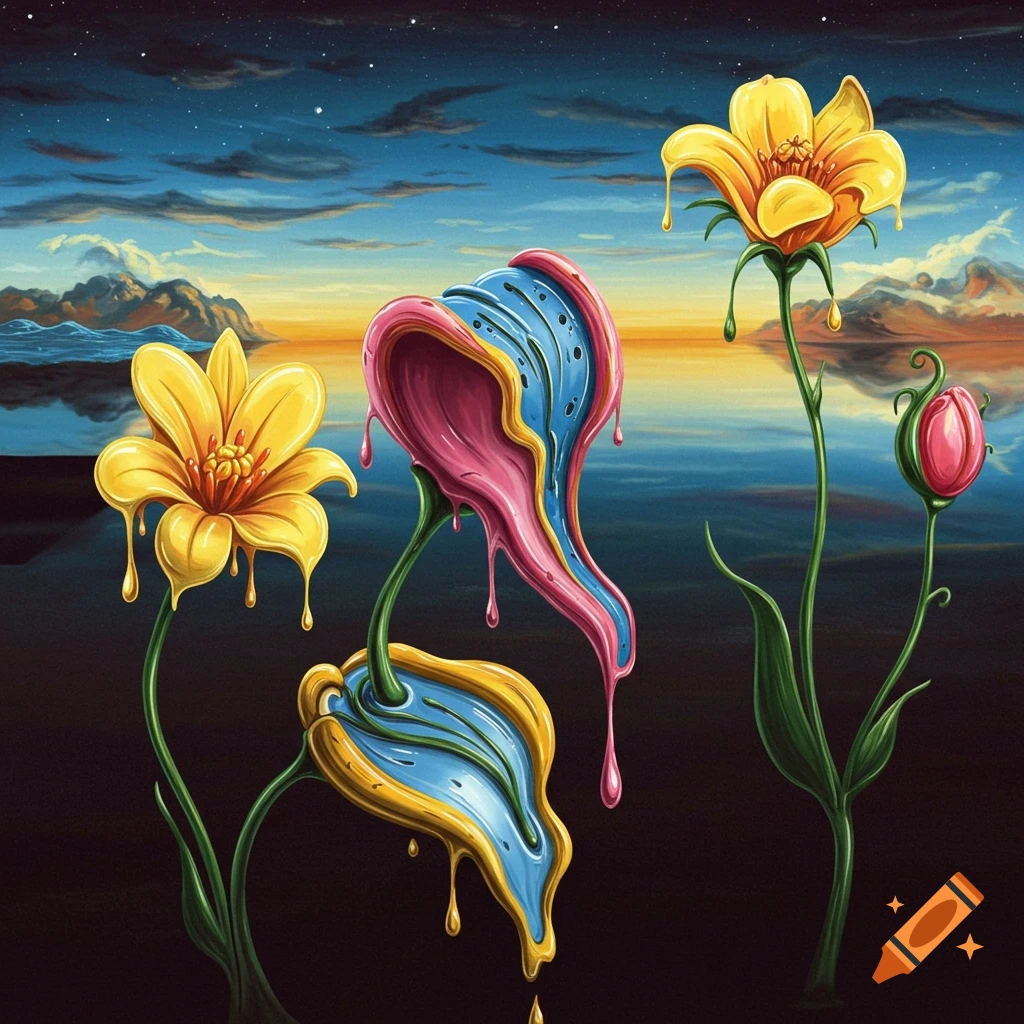 Surreal image of melting flowers in a landscape with a sunset sky.