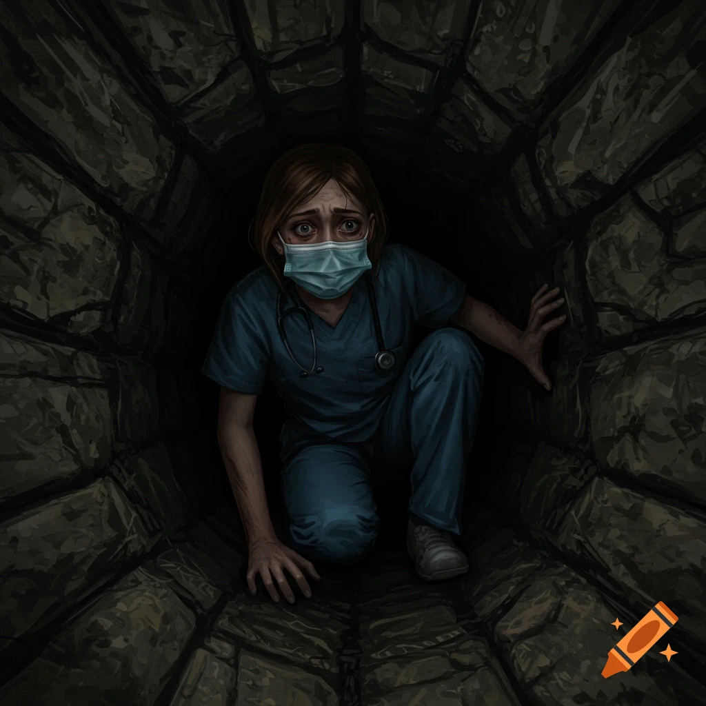 A scared medical provider in scrubs and mask is crouching in a dark stone tunnel.