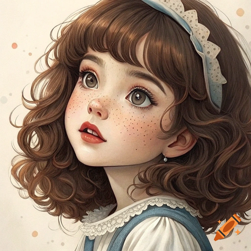 Stylized portrait of a young girl with brown curly hair and freckles