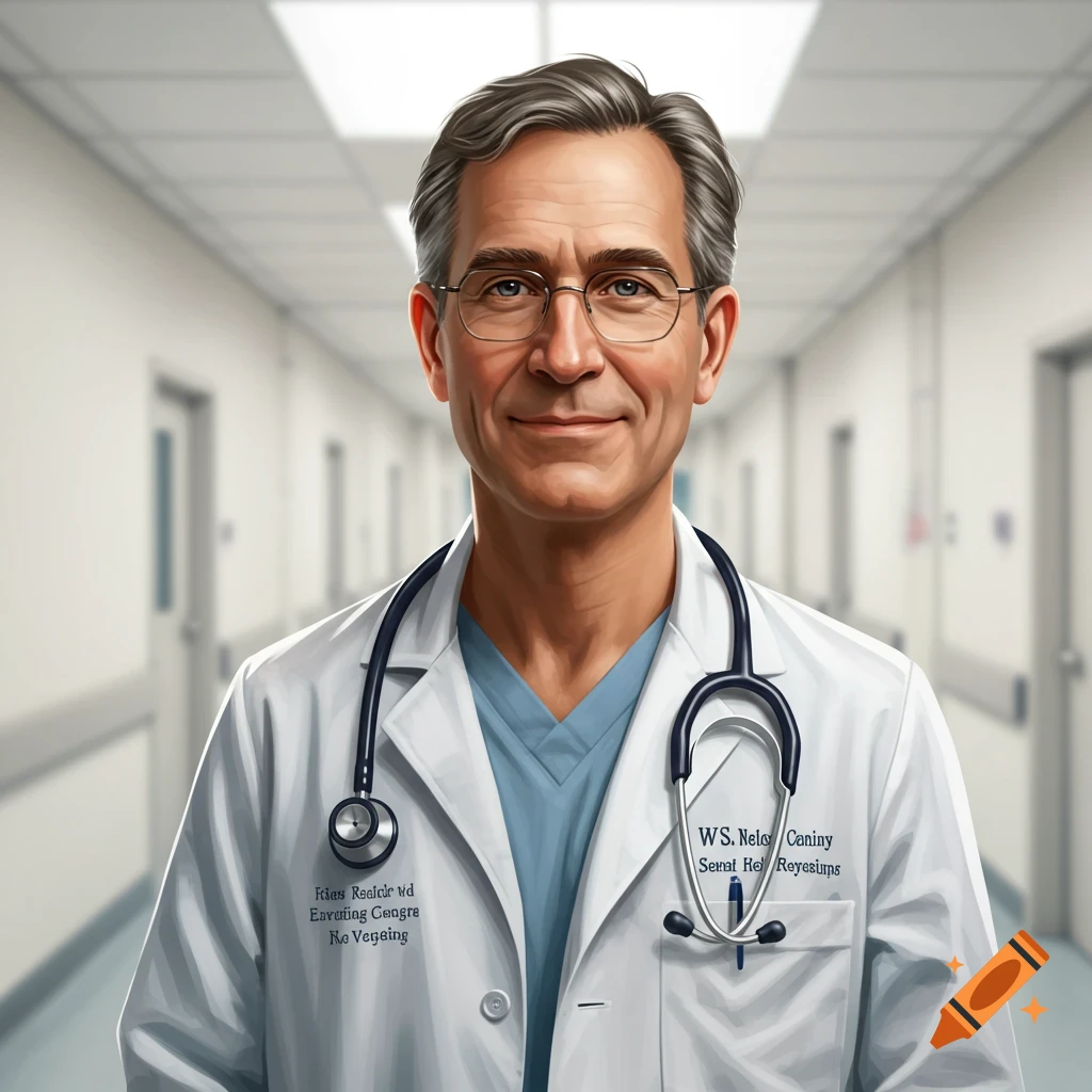 A smiling male doctor is standing in a hospital hallway.