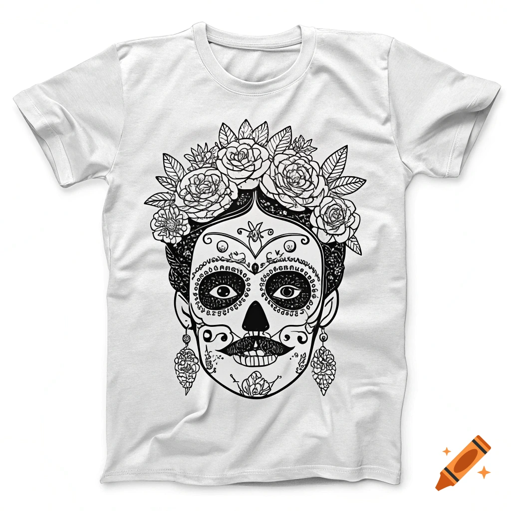 Black and white sugar skull design inspired by Frida Kahlo with a floral crown, on a white t-shirt.