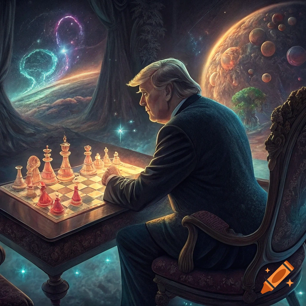 A person resembling Donald Trump plays chess in a cosmic fantasy setting.