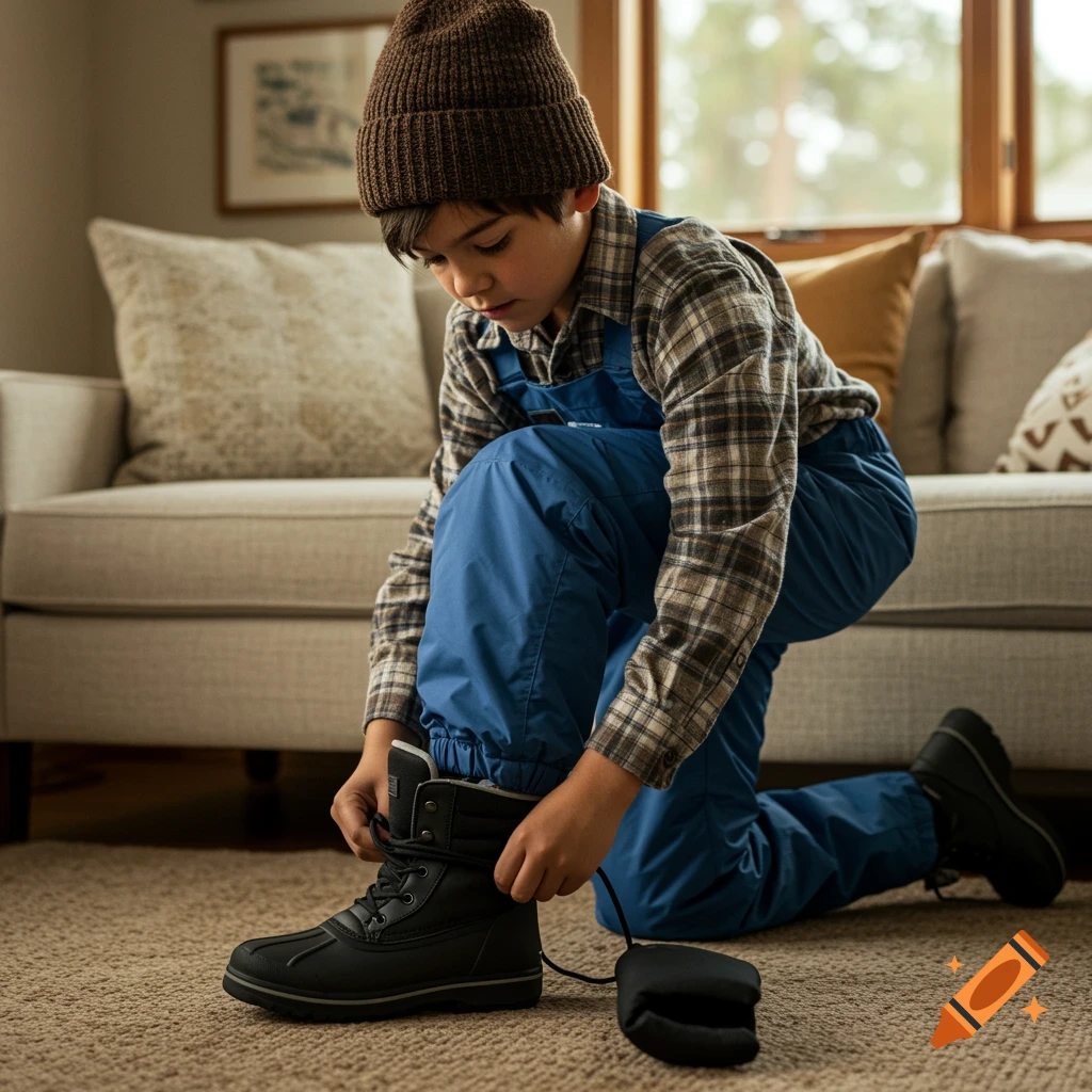 Boy putting on black boots in a living room