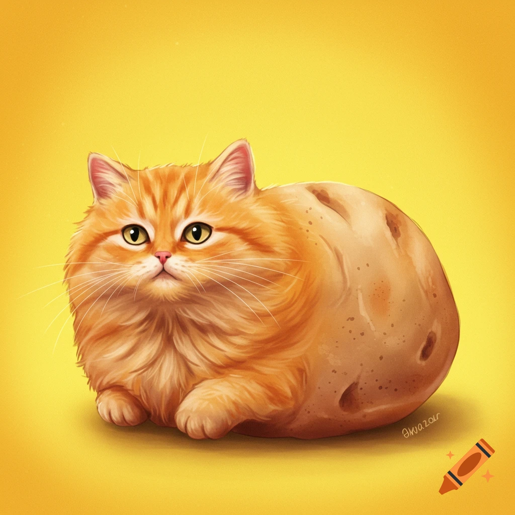 An orange cat with a potato body sits on a yellow background.