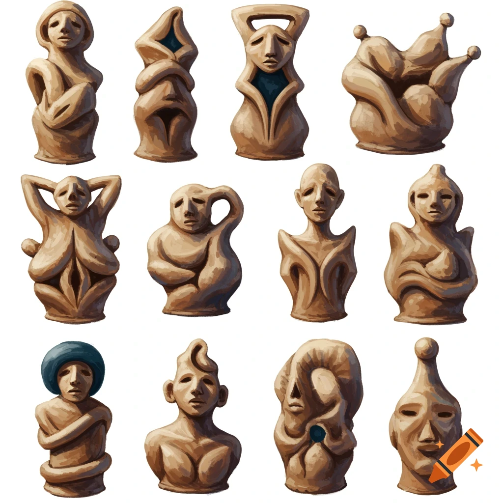 A grid shows twelve abstract clay sculptures.