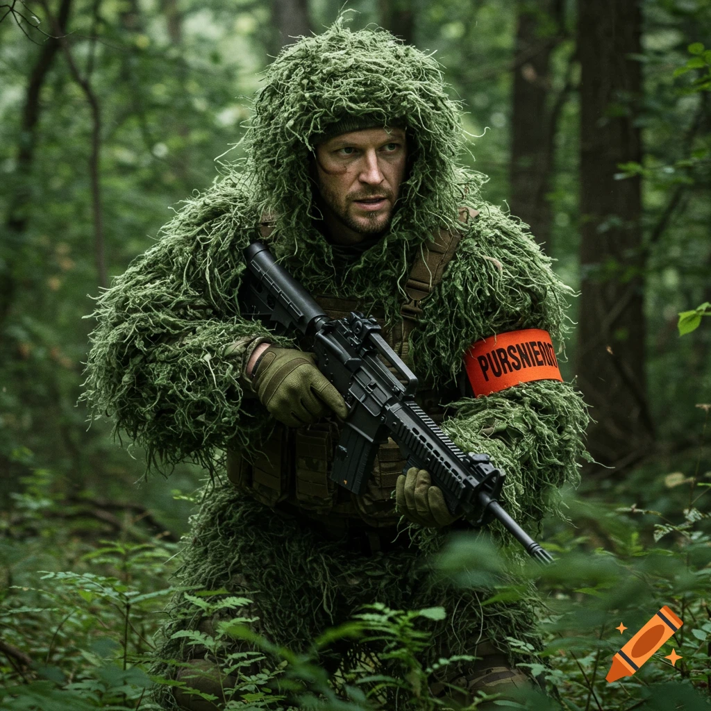 A soldier in a green ghillie suit holds a rifle in a forest.