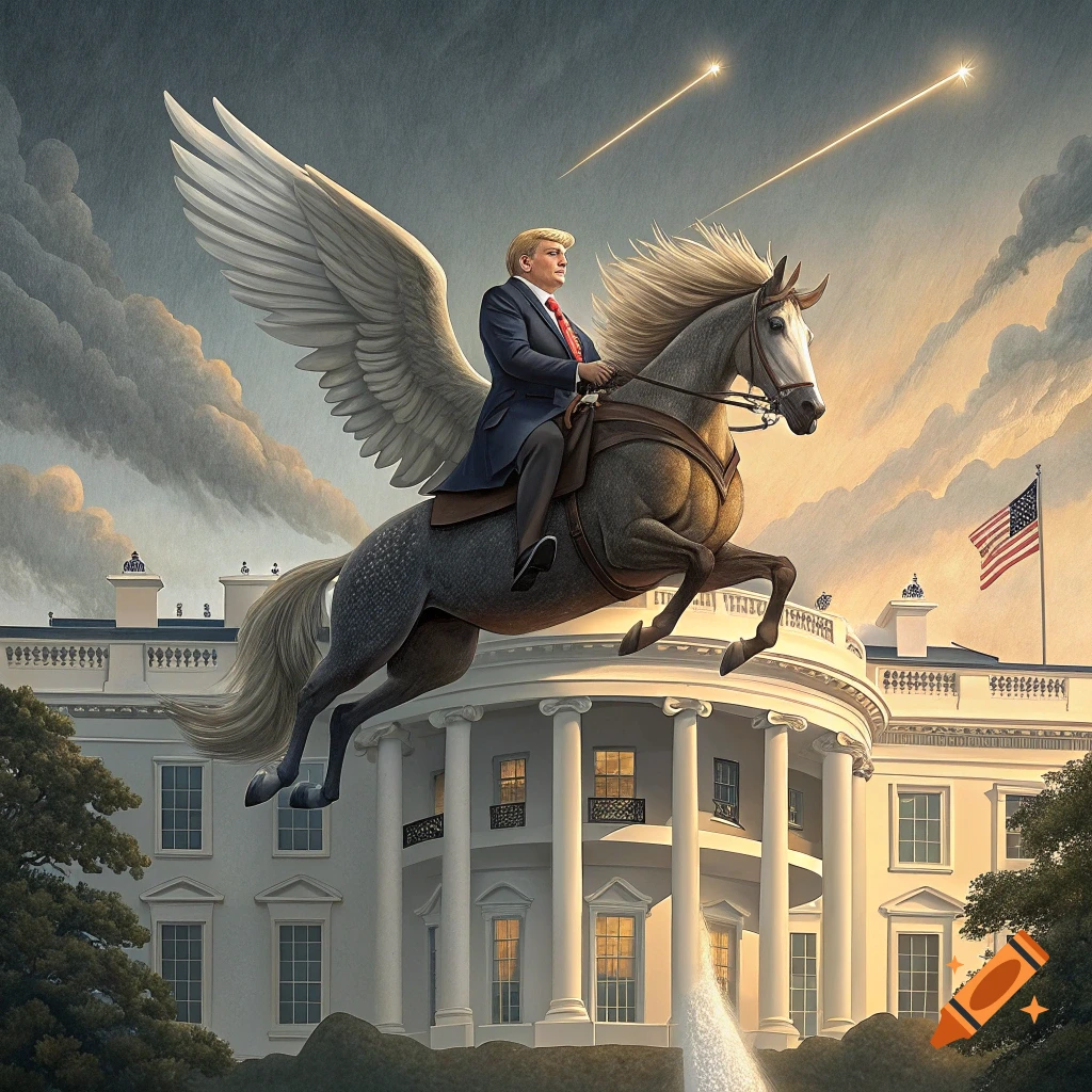 Donald Trump rides a winged horse above the White House