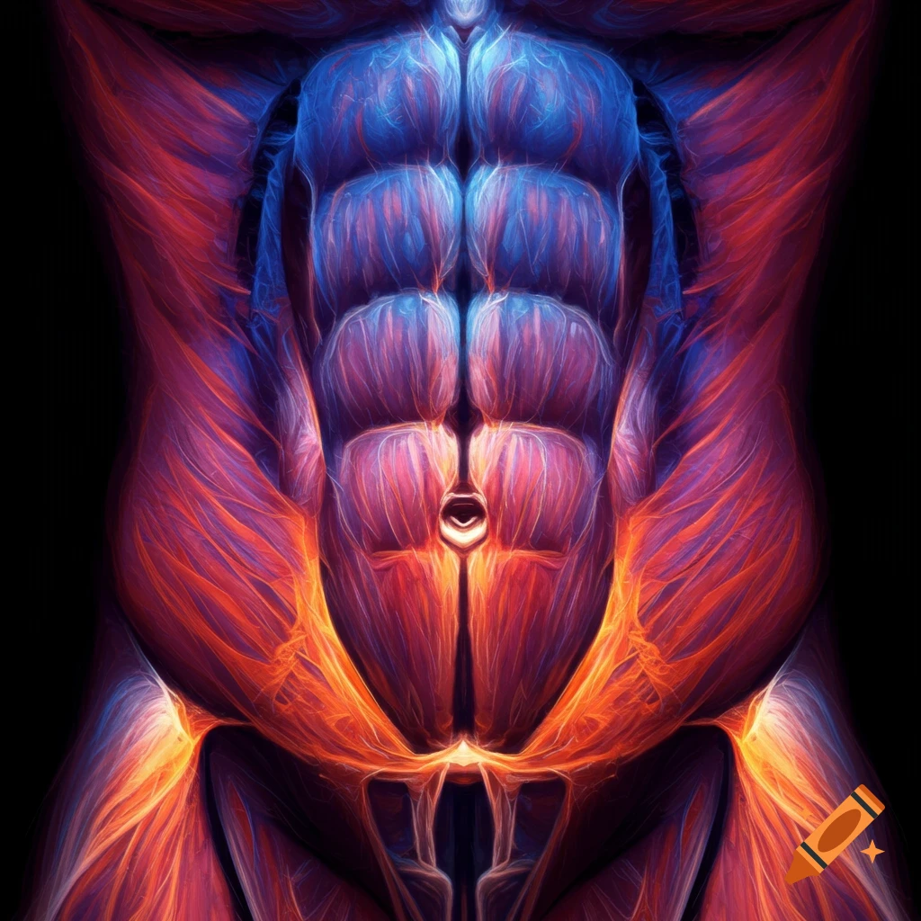 A muscular torso with vibrant blue and orange fractal-like muscle fibers against a black background.