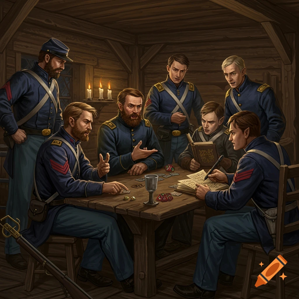 American Civil War soldiers gathered around a table playing a game.