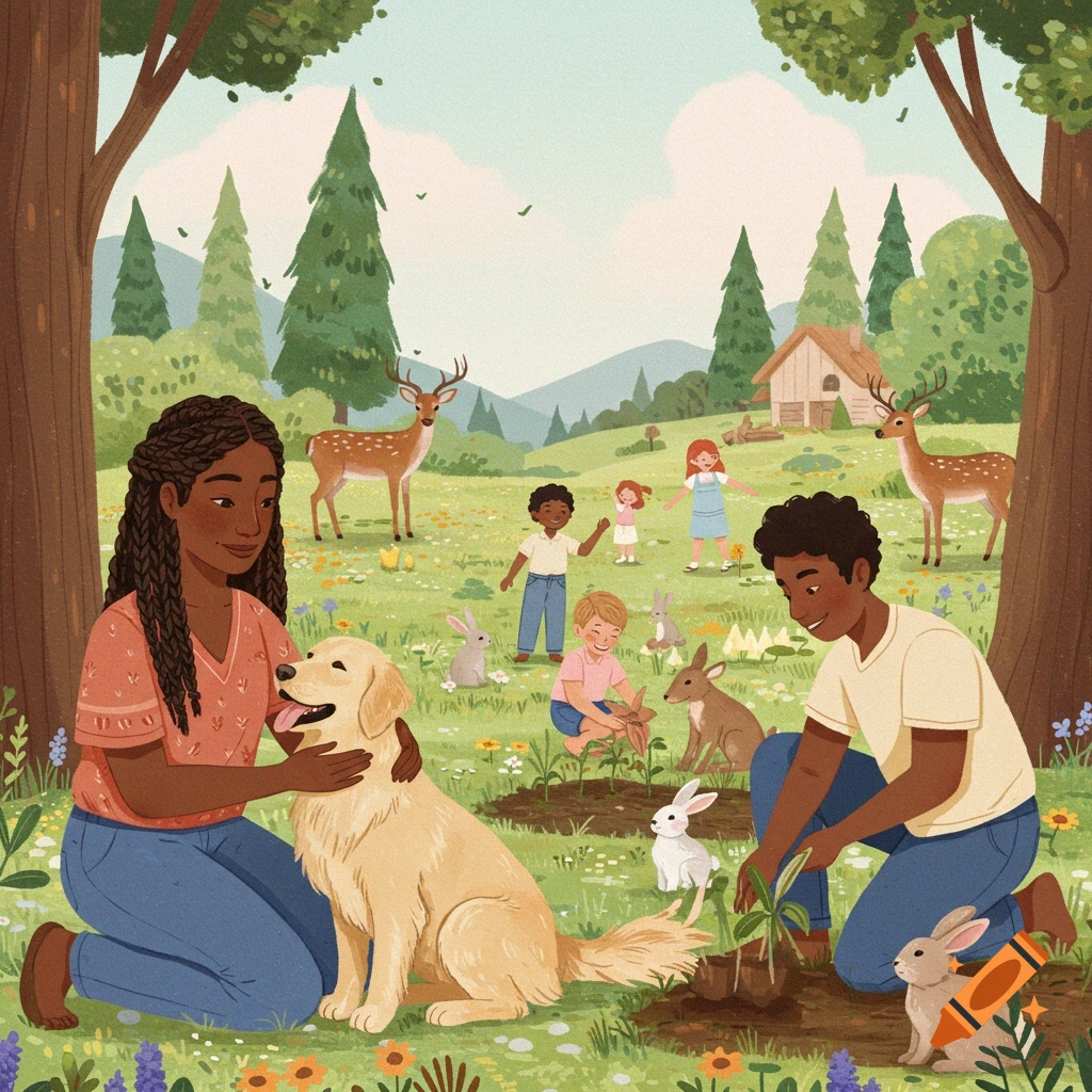 Digital illustration of a family and animals (dog, deer, rabbits) planting in a peaceful meadow.