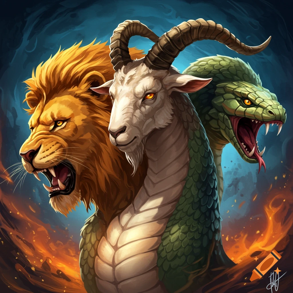 Three-headed Greek Chimera with lion, goat, and snake heads standing in fire.