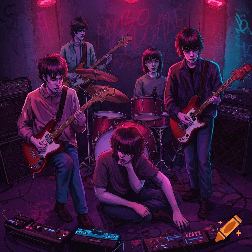 A band is playing instruments in a dark room with pink lights and graffiti.