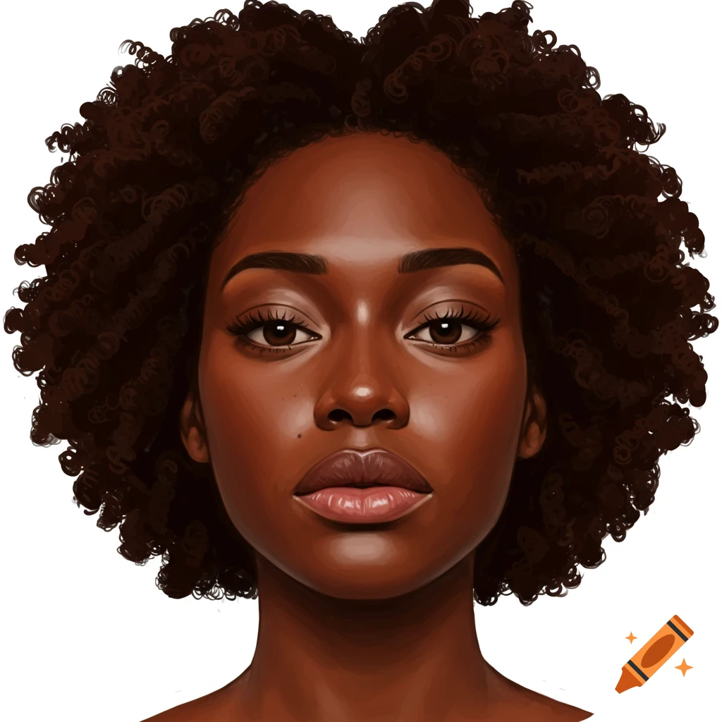 a woman's face with dark curly hair and brown eyes.