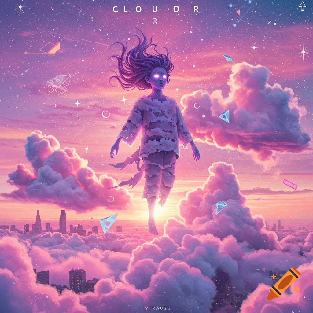 A person floats above pink clouds at sunset over a city, with glowing eyes and geometric shapes, in a digital art style.