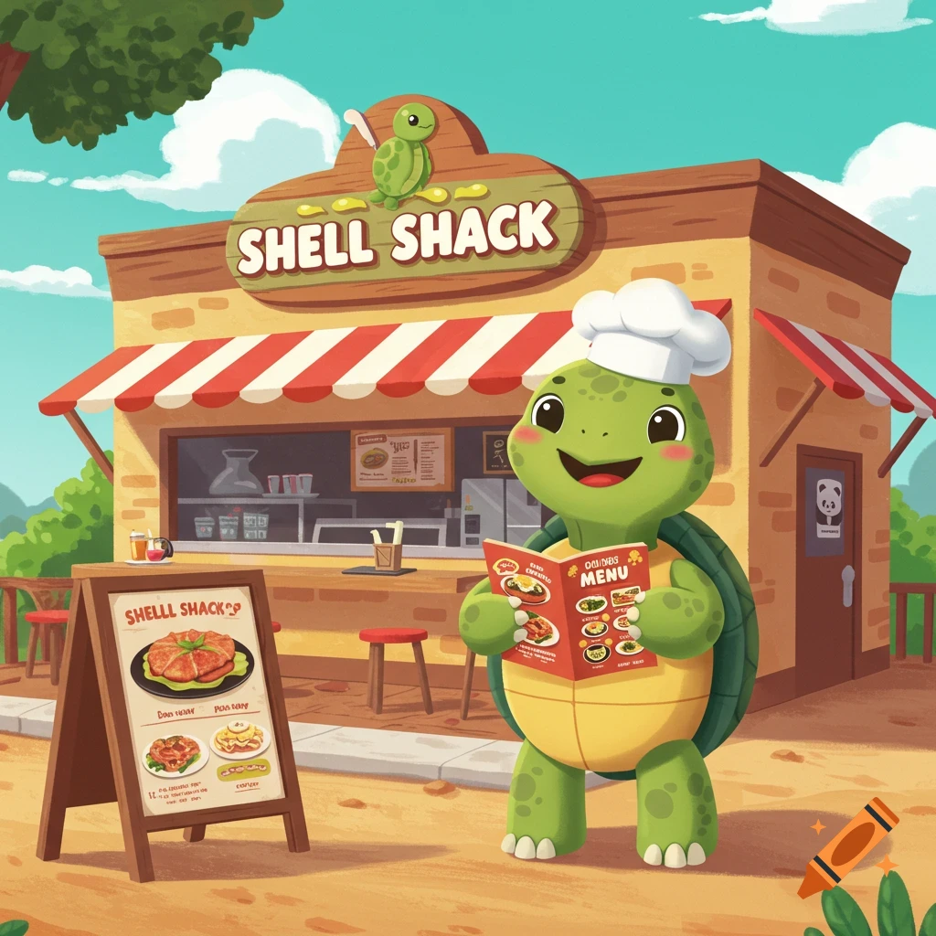 A cute cartoon turtle in a chef's hat holds a menu in front of a 'Shell Shack' restaurant.