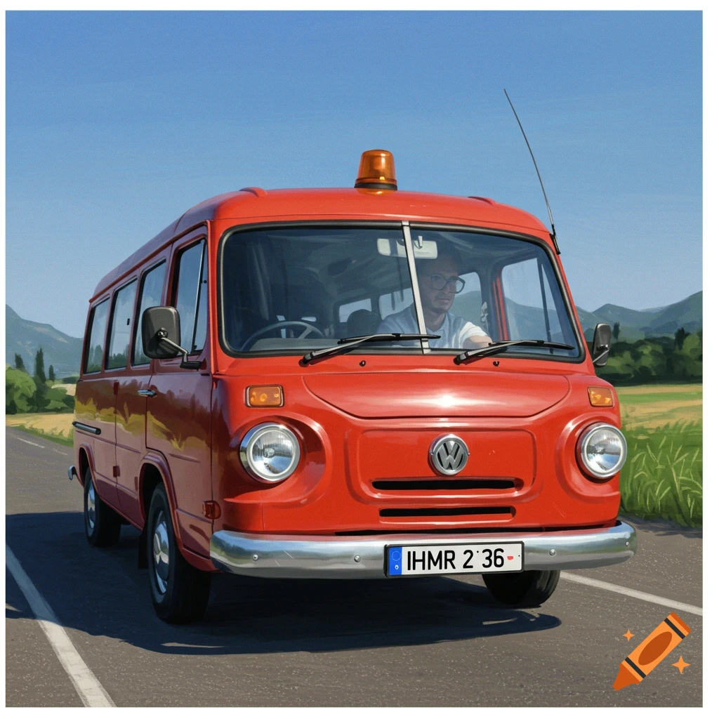 A red vintage Volkswagen bus driving on a road in a rural landscape under a clear sky.