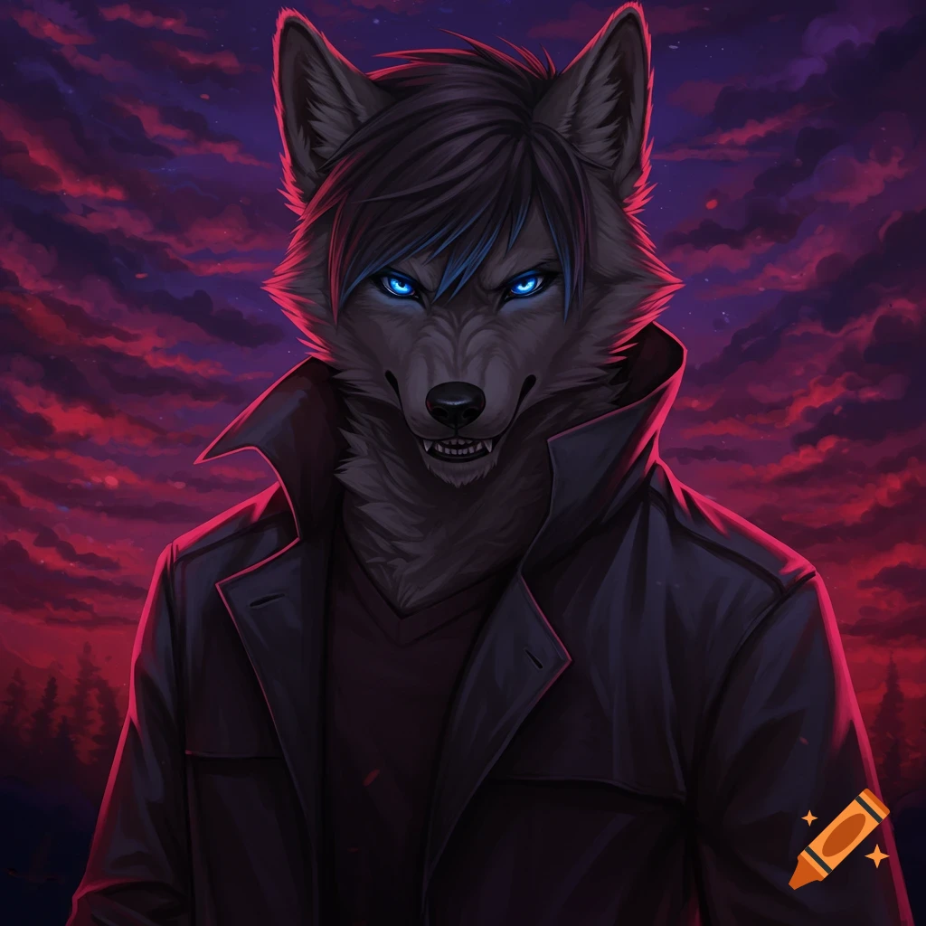 Anthro wolf with glowing blue eyes wearing a black trench coat under a stormy red sky.