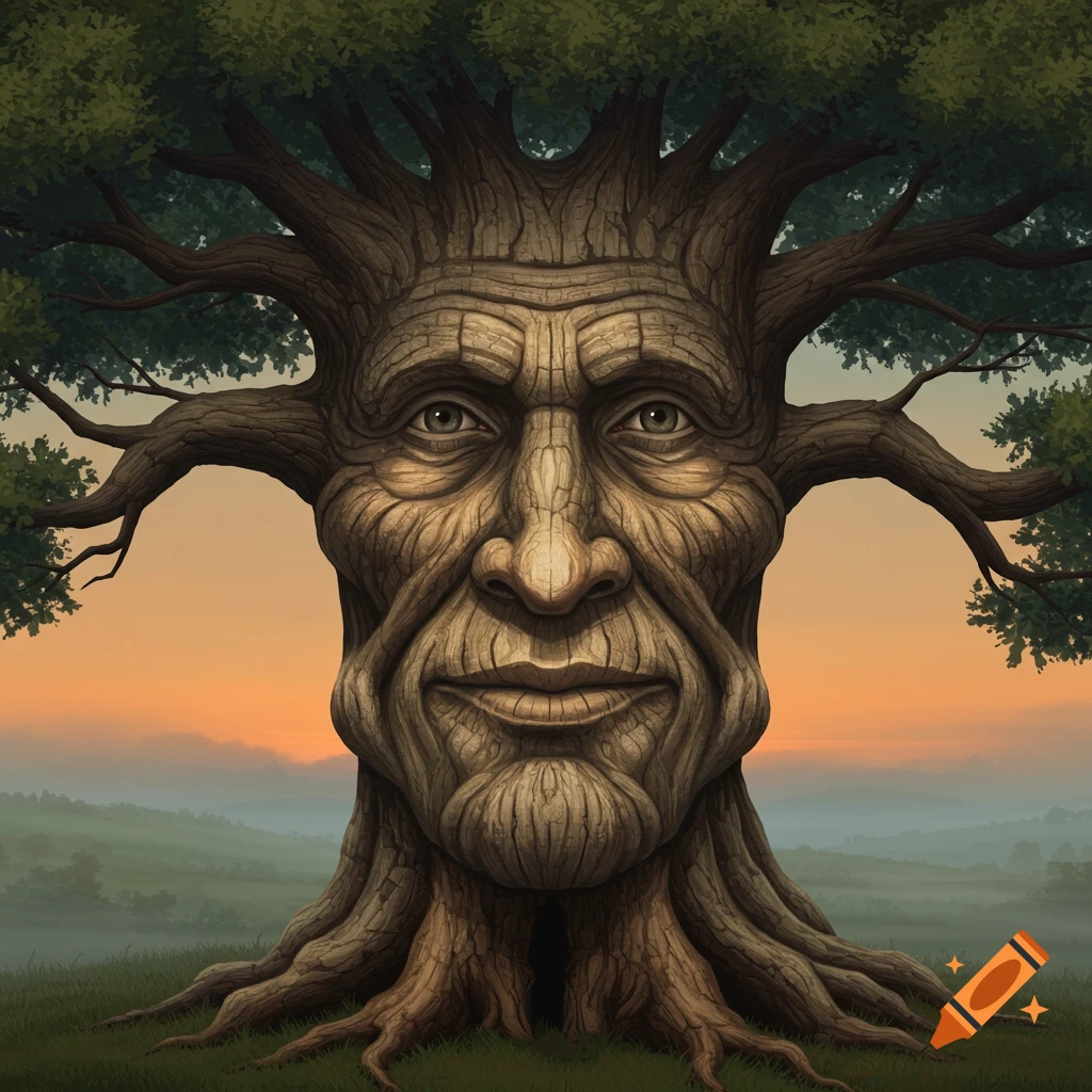 A tree with a weathered, human-like face stands in a misty landscape at sunset.