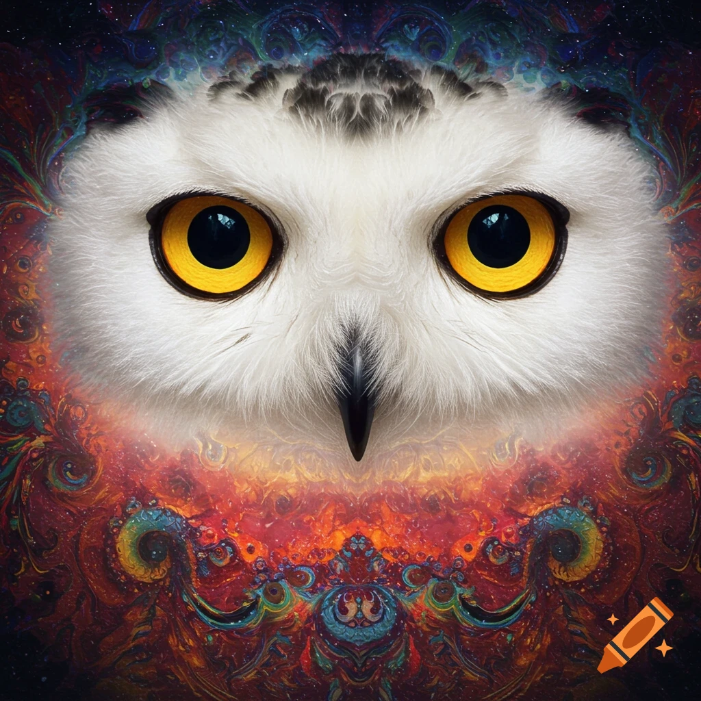 Close-up of a snowy owl's eyes and beak against a vibrant, symmetrical psychedelic fractal background.