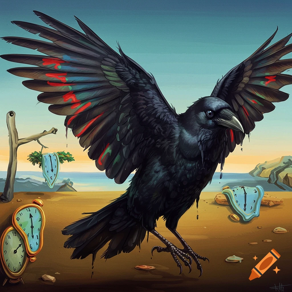 A blackbird with spread wings in a surreal landscape with melting clocks.