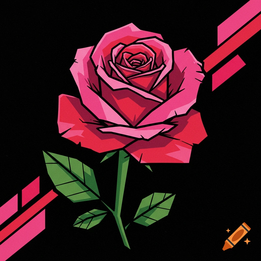 Stylized pink and red rose illustration on black background with graphic elements
