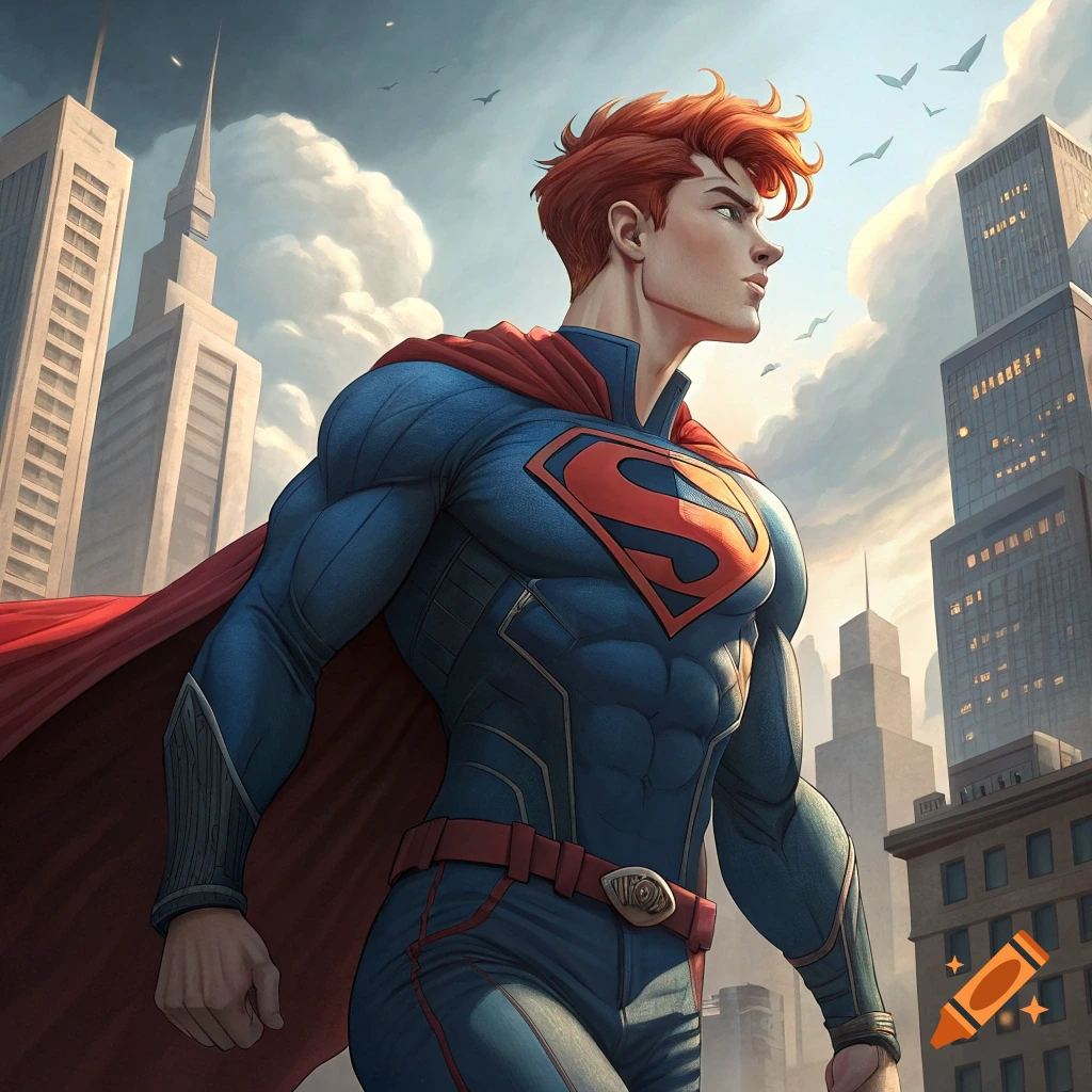 Redheaded Superboy in costume and cape in a city, comic art style