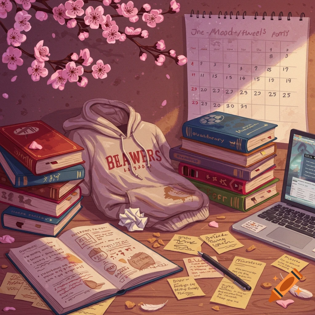 A messy desk with books, a laptop, notebook, calendar, sticky notes, hoodie, and cherry blossoms.