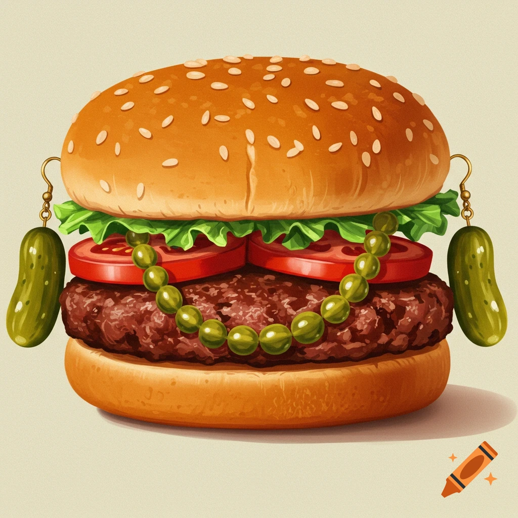 A hamburger wearing pickle earrings and a green bead necklace.