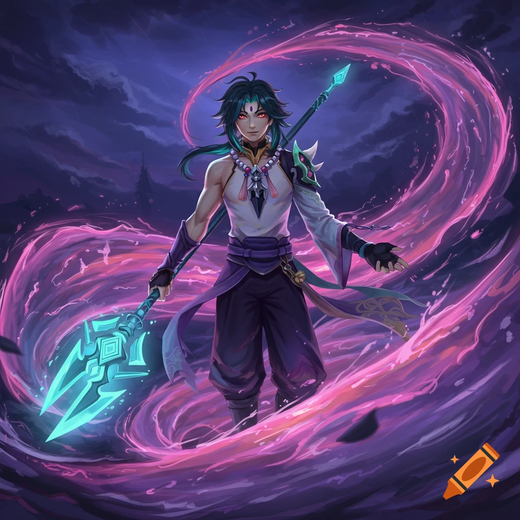 A male character with a spear and swirling purple energy.