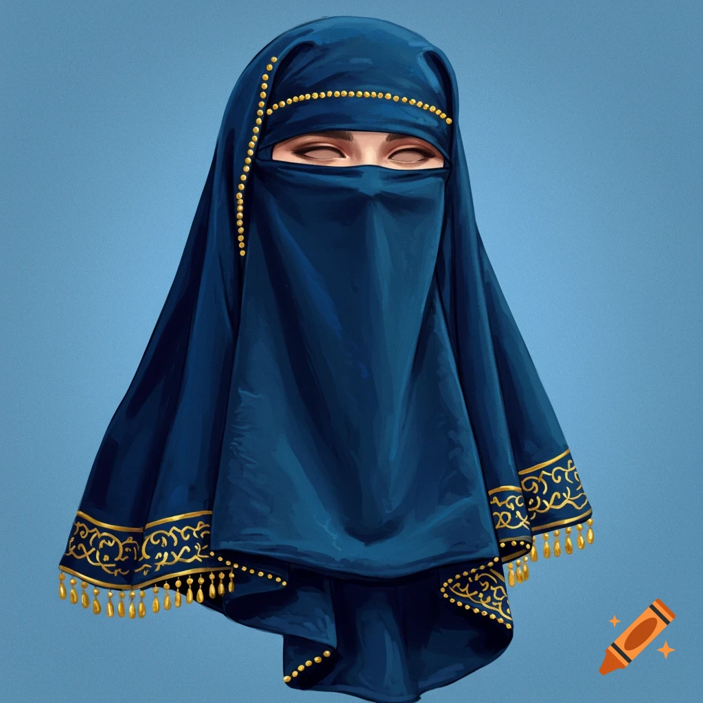 A woman wearing a blue niqab with gold trim