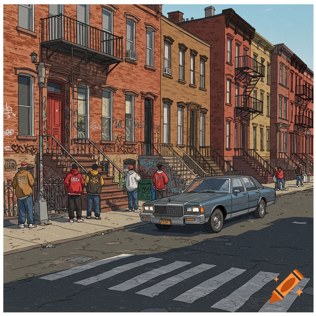 A street in Brooklyn with brownstone buildings, people, a car, and graffiti.
